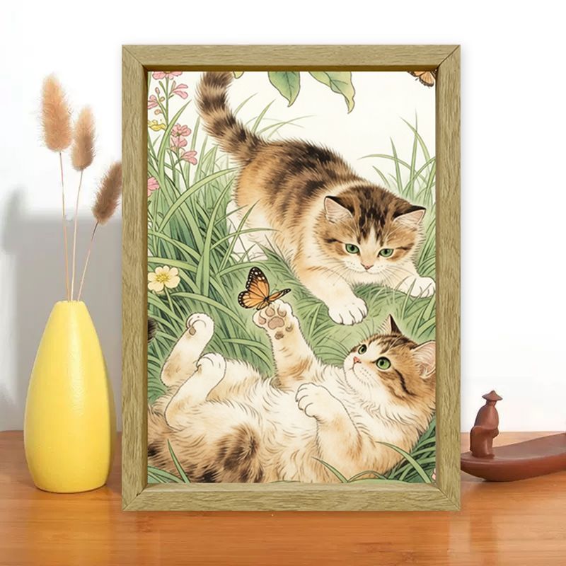 可爱玩耍猫咪卡通动物手工绣带框相框画十字绣客厅玄关桌面摆件