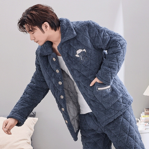 青年男士秋冬季珊瑚绒加厚加绒三层夹棉睡衣保暖家居服套装可外穿