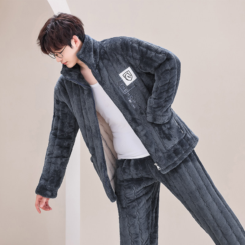 新款睡衣男士三层加厚加绒珊瑚绒秋季冬款可外穿中青年套装家居服