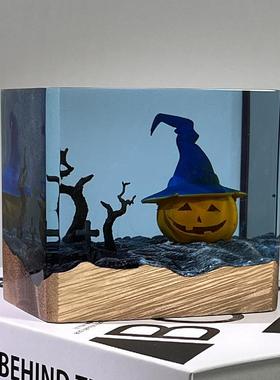 新款直销跨境小夜灯摆件万圣节南瓜枯木流行现代创意水晶环氧树脂