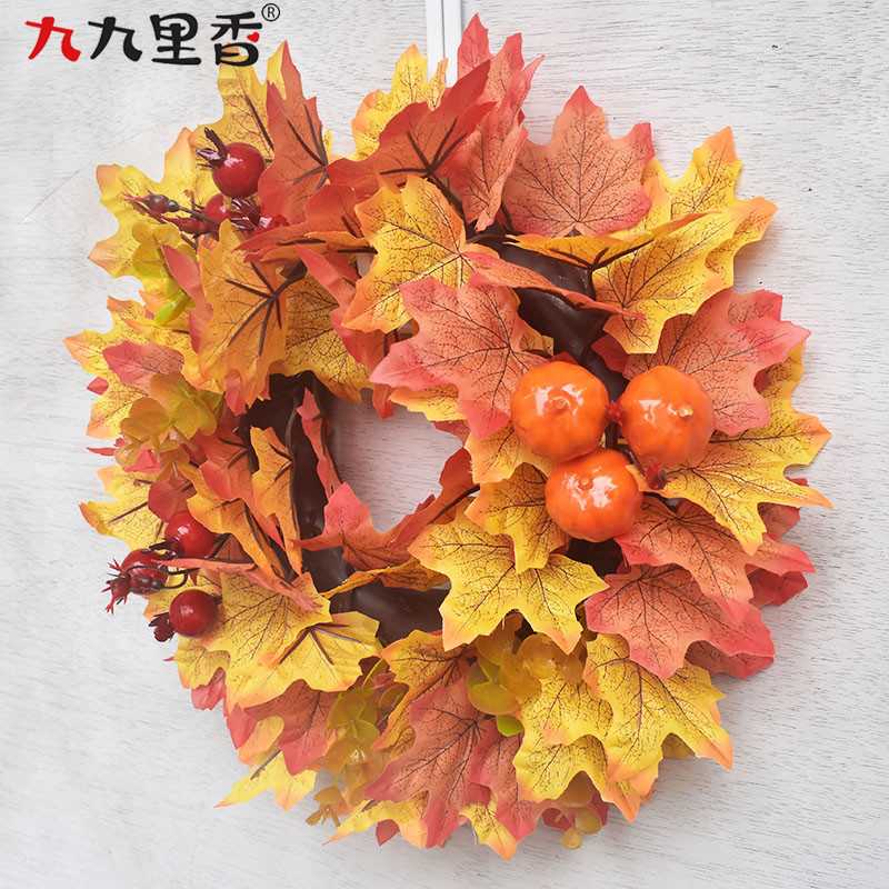 新款直销跨境美式万圣节丰收节枫叶花环门南瓜挂饰浆果藤圈秋季花