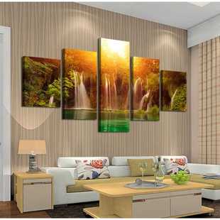 新款直销五联瀑布树林湖水风景现代喷绘画沙发墙装饰画酒店装修