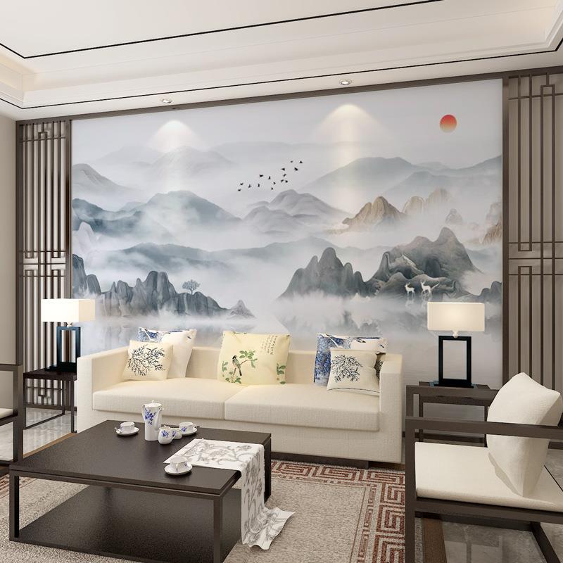新款直销新中式抽象意境水墨山水墙纸酒店客厅电视背景墙壁布简约