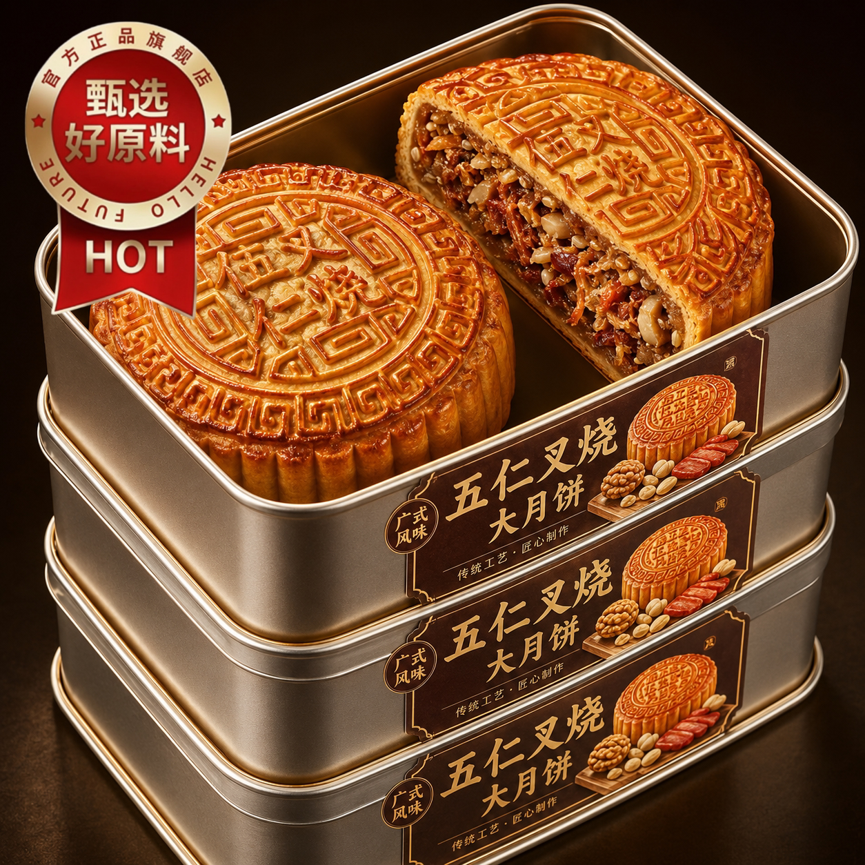 广式伍仁叉烧大月饼中秋送礼老式手工新鲜五仁月饼老牌子黄金万两