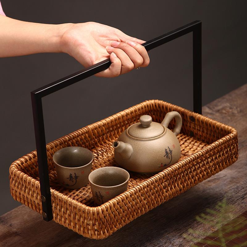 藤编复古点心食盒大小号手提水果篮带盖茶具收纳盒铁艺干果盘手工