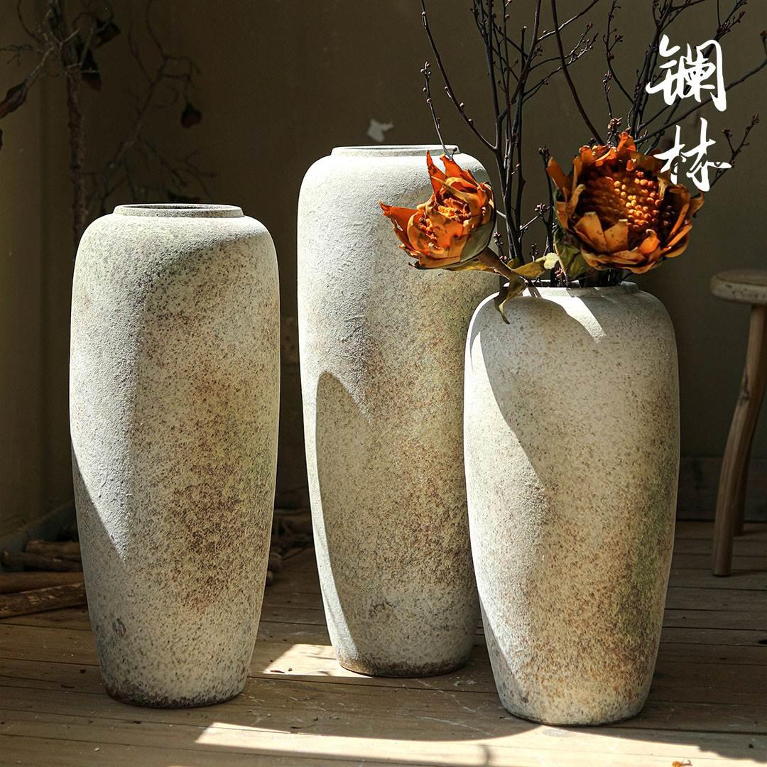 落地大花瓶复古粗陶侘寂风陶瓷摆件名宿客厅插花器高款陶罐装饰