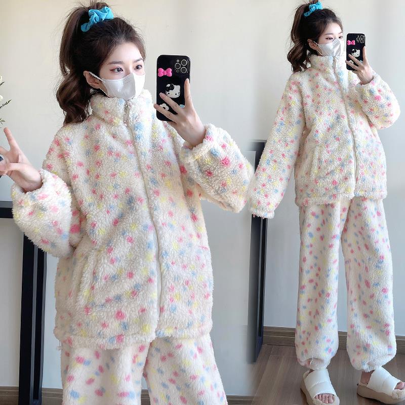 孕妇珊瑚绒家居服套装秋冬季时尚大码宽松加绒显瘦加厚睡衣可外穿