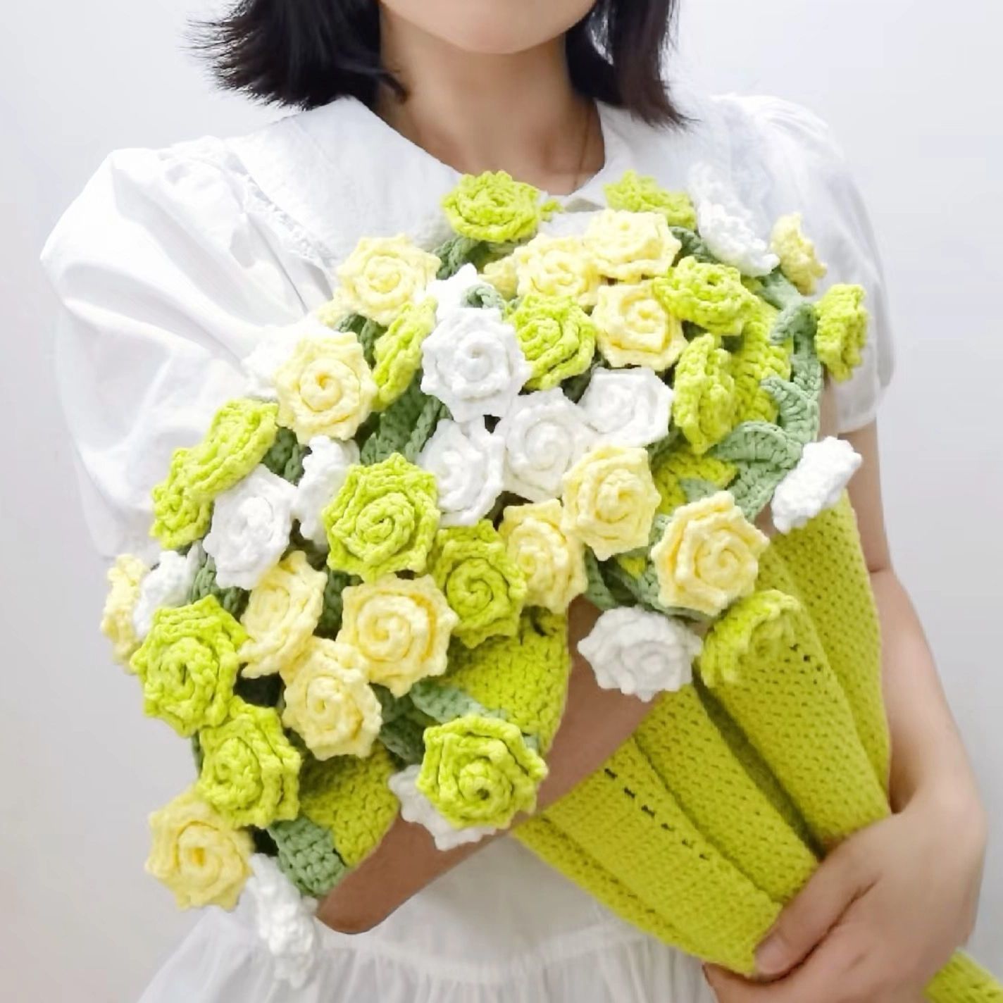 渐变抹茶玫瑰花束毯子毛线diy材料包手工编织铃兰花束毯创意礼物