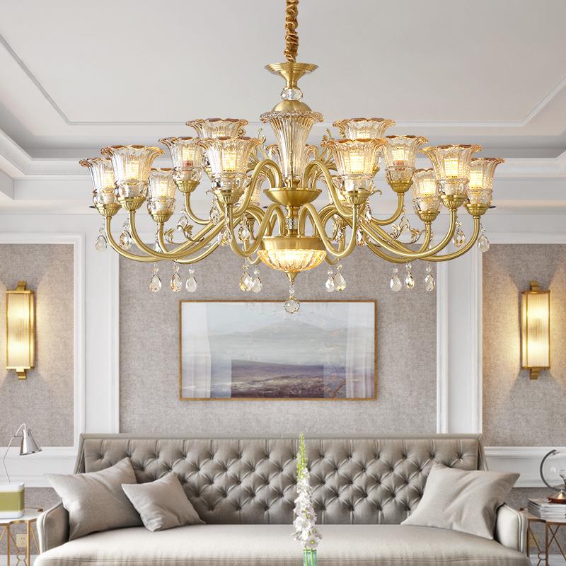 欧式现代简约客厅吊灯单层美式复古餐厅卧室子母灯复古水晶全铜灯