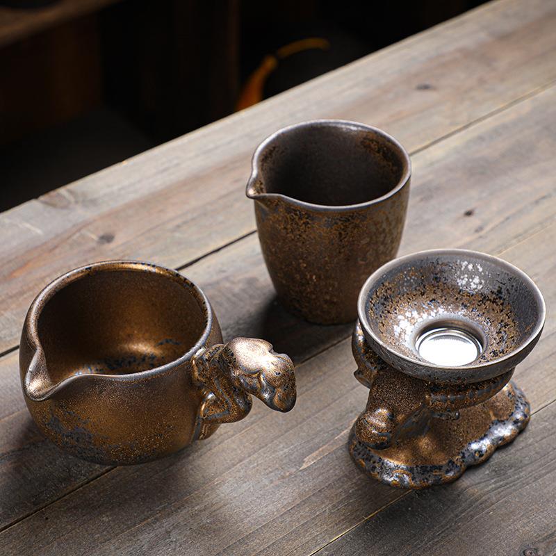 直销新款粗陶公道杯茶漏带茶滤网套装日式复古陶瓷功夫茶具茶海匀