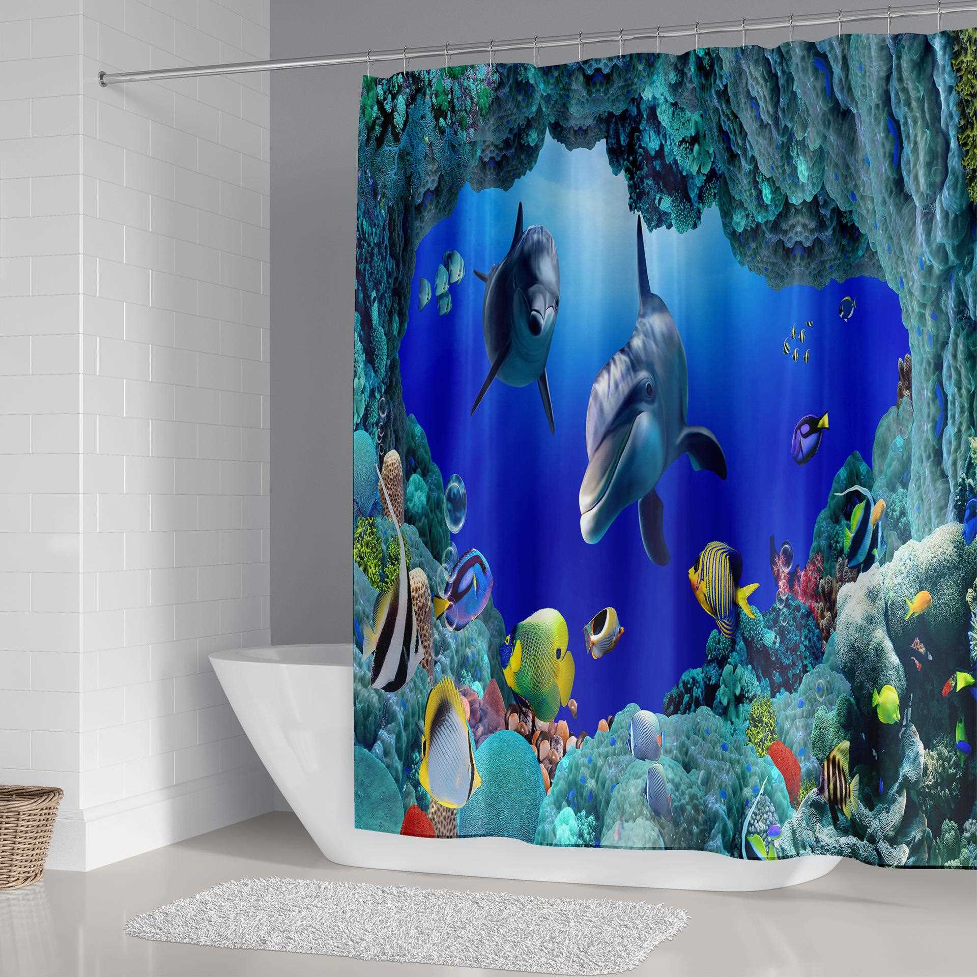 直销新款跨境电商洞穴海豚浴帘套装 数码印花浴帘 免打孔浴室帘