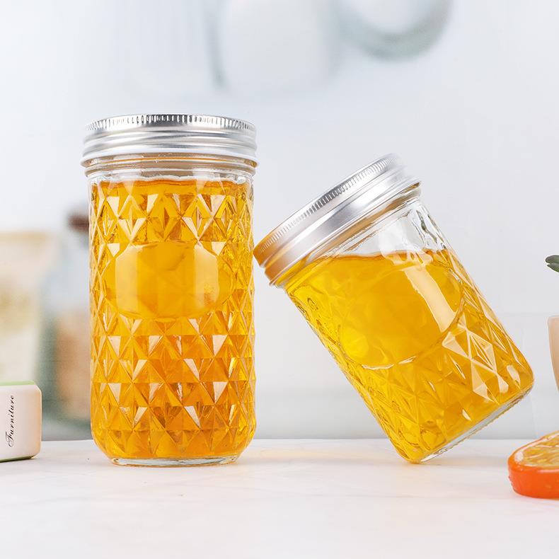 直销新款菱形梅森杯钻石玻璃密封宽口鱼子酱分装空瓶100ml铝盖玻