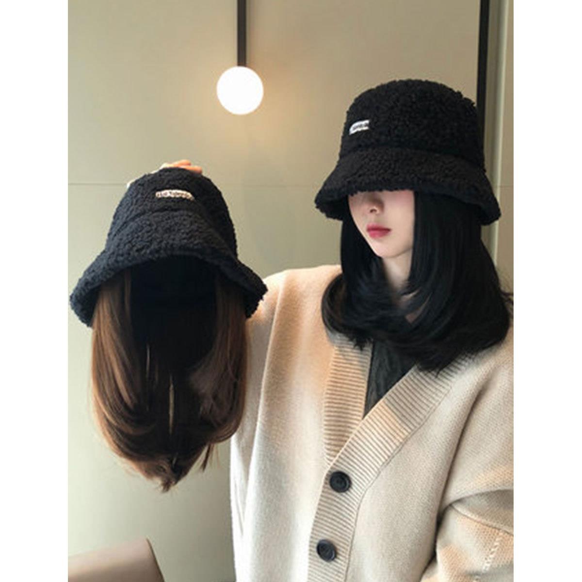 新款直销假发帽子一体女秋冬时尚潮流羊羔绒网红渔夫帽合成短发锁