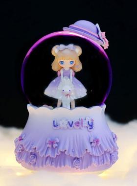 直销新款卡通洛丽塔帽子女孩水晶球音乐盒七彩灯光旋转飘雪装饰品