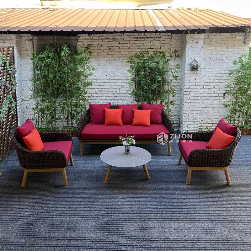 直销新款户外花园藤编沙发庭院酒店民宿单人岩板茶几组合柚木金属