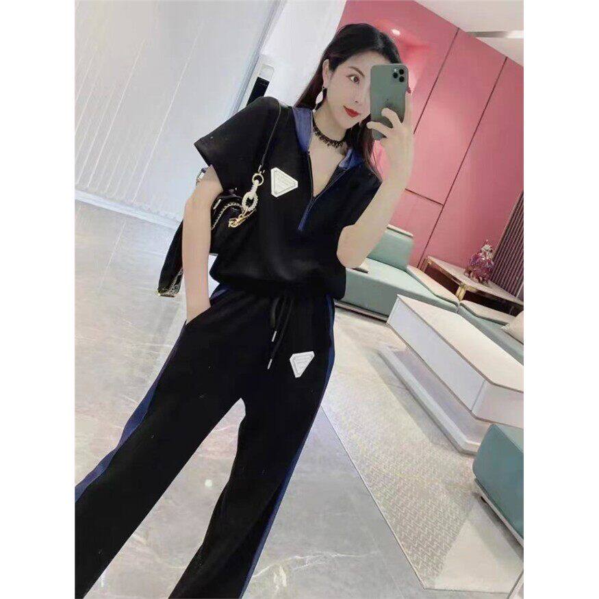 2024年新款夏季时尚成套搭配女装连帽卫衣上衣松紧腰阔腿裤两件套