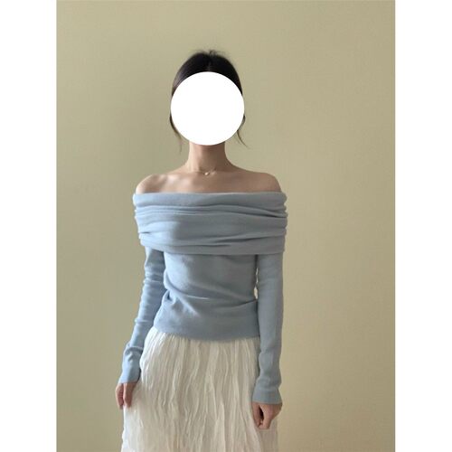 蓝色一字肩上衣女chic甜