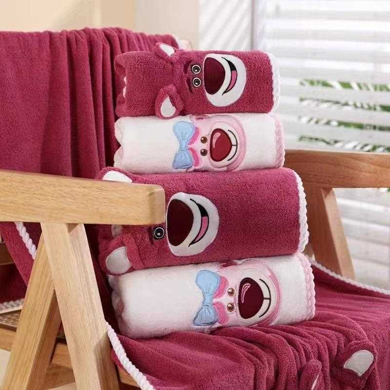 直销新款草莓熊洗脸巾浴巾套装吸水珊瑚绒卡通刺绣家用可爱儿童情