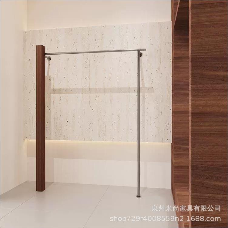新款直销服装店不锈钢挂衣架实木胡桃木纹上墙展示架女装陈列架侧