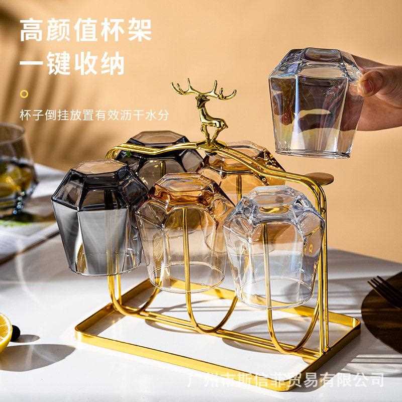 新款直销金色鹿头水杯架沥水收纳加厚倒挂玻璃杯架客厅家用6位置