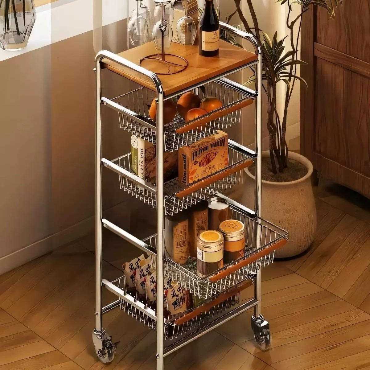直销新款中古风小推车置物架可移动边几厨房整理架家用客厅零食收