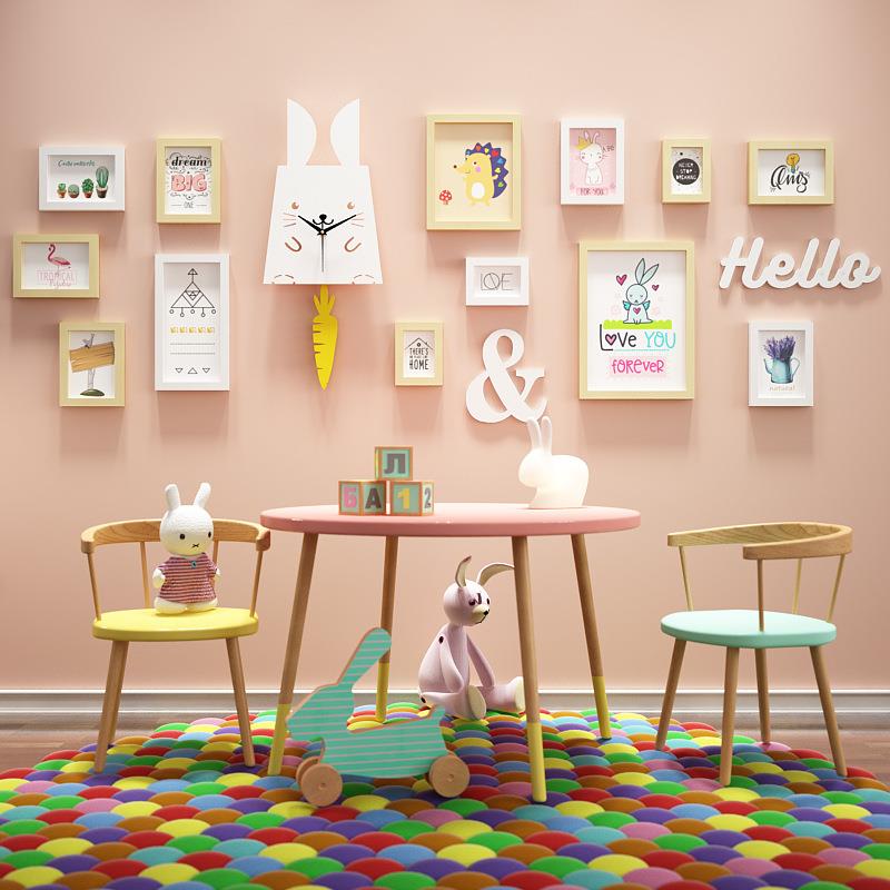 直销新款实木_7274卡通照片墙兔摇摆钟表装饰挂画儿童相框能换相