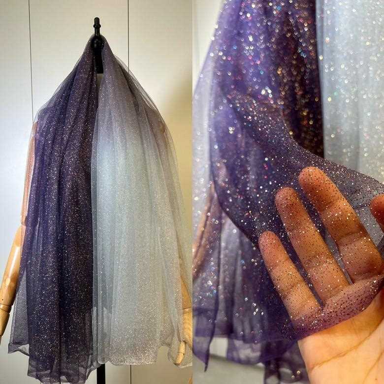 直销新款深蓝浅蓝黑色渐变色星空纱布料面料烫金喷粉撒粉亮片礼服