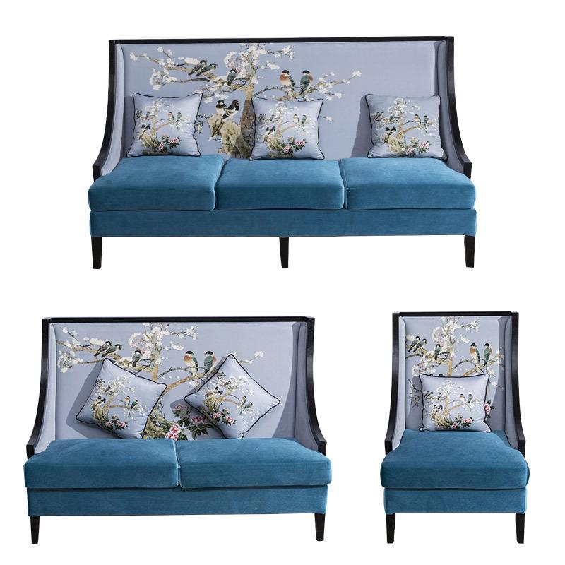 直销新款工厂新中式实木沙发中国风现代美容院售楼处洽谈接待布艺