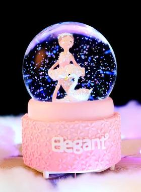 直销新款新款芭蕾女孩跳舞水晶球八音盒飘雪花灯光旋转水球少女心