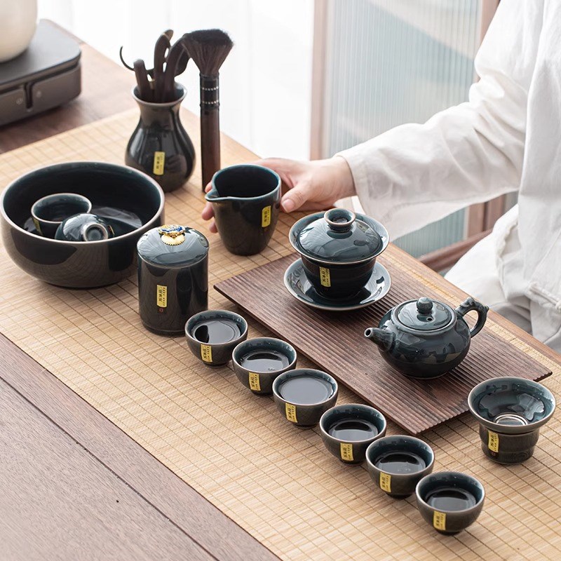 景德镇青瓷冰裂釉整套功夫茶具套装办公室会客家用泡茶壶茶杯开片