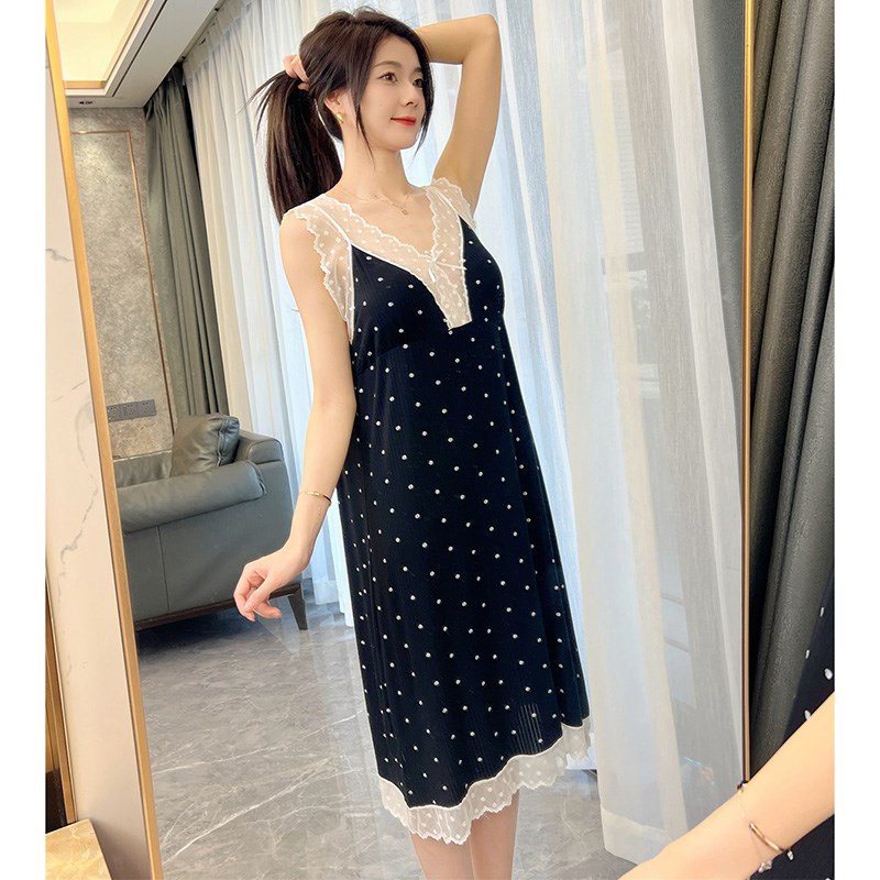 莫代尔带胸垫睡裙夏季新款女士吊带睡衣波点蕾丝可外穿凉感家居服