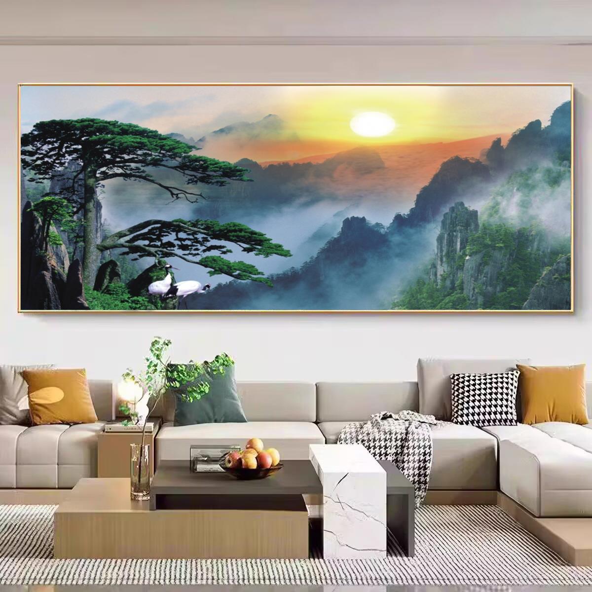迎客松大山靠山图客厅沙发背景墙装饰画山水画办公室招财风水壁画