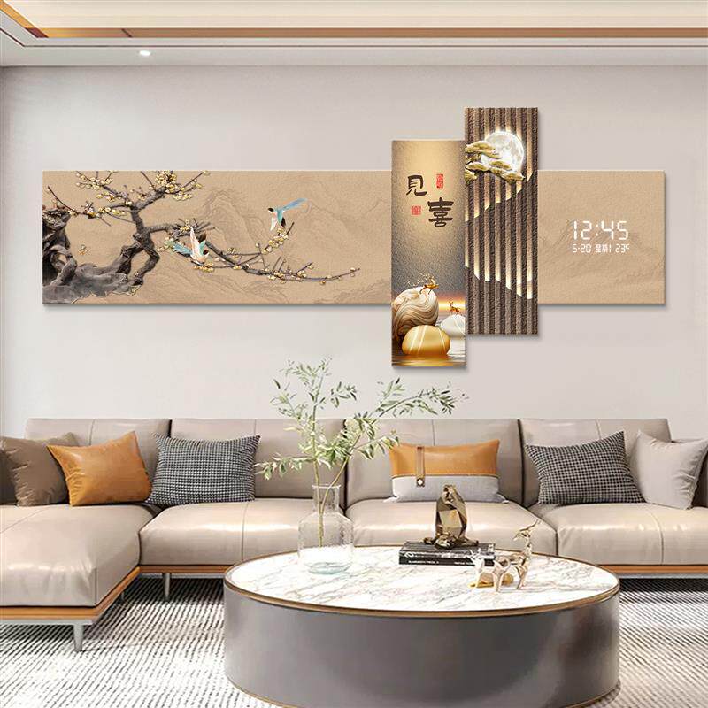 喜上眉梢客厅装饰画万年历电子钟新中式茶室挂画花鸟图时钟壁灯画