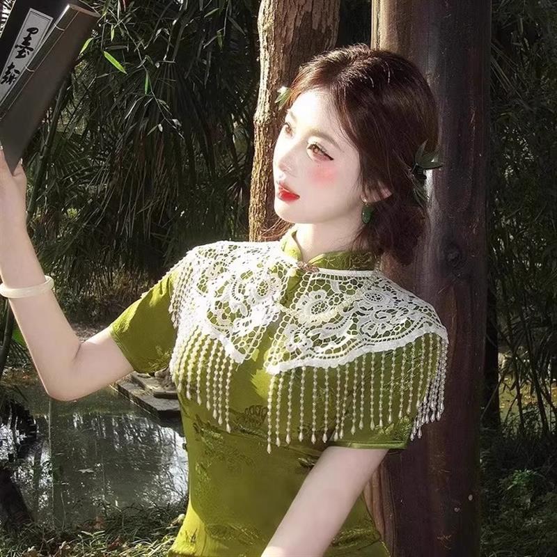 旗袍云肩新中式珍珠流苏披肩坎肩中国风汉服领子重工复古蕾丝