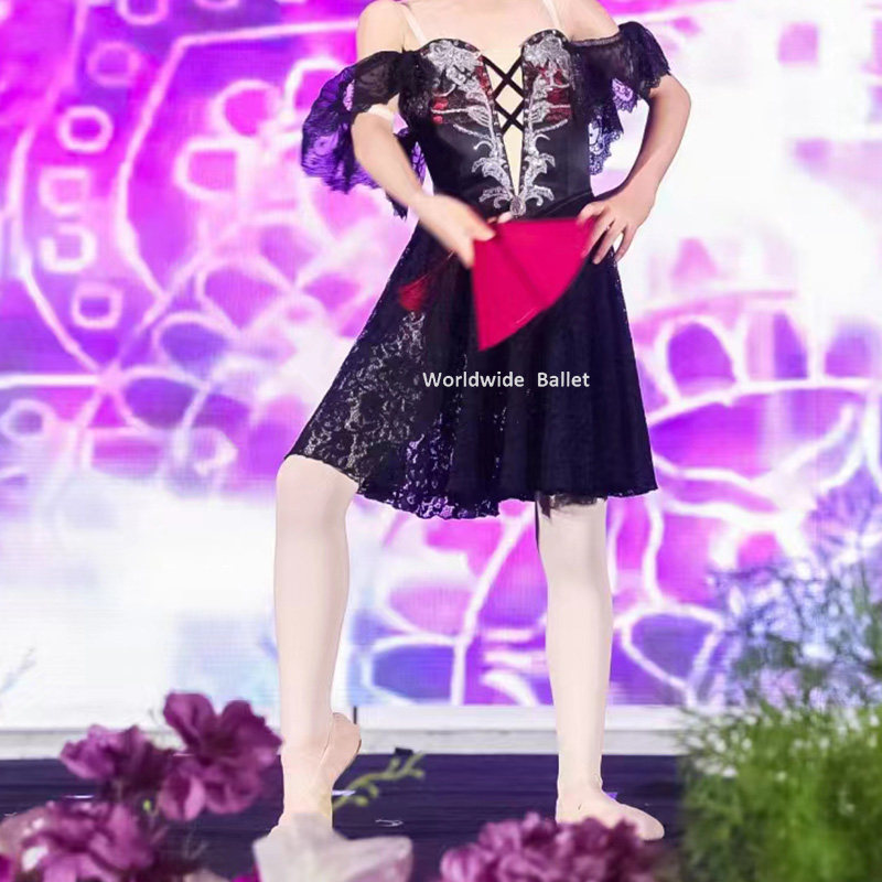 卡门变奏芭蕾舞裙黑色蕾丝演出短裙儿童成人专业版定制比赛表演裙