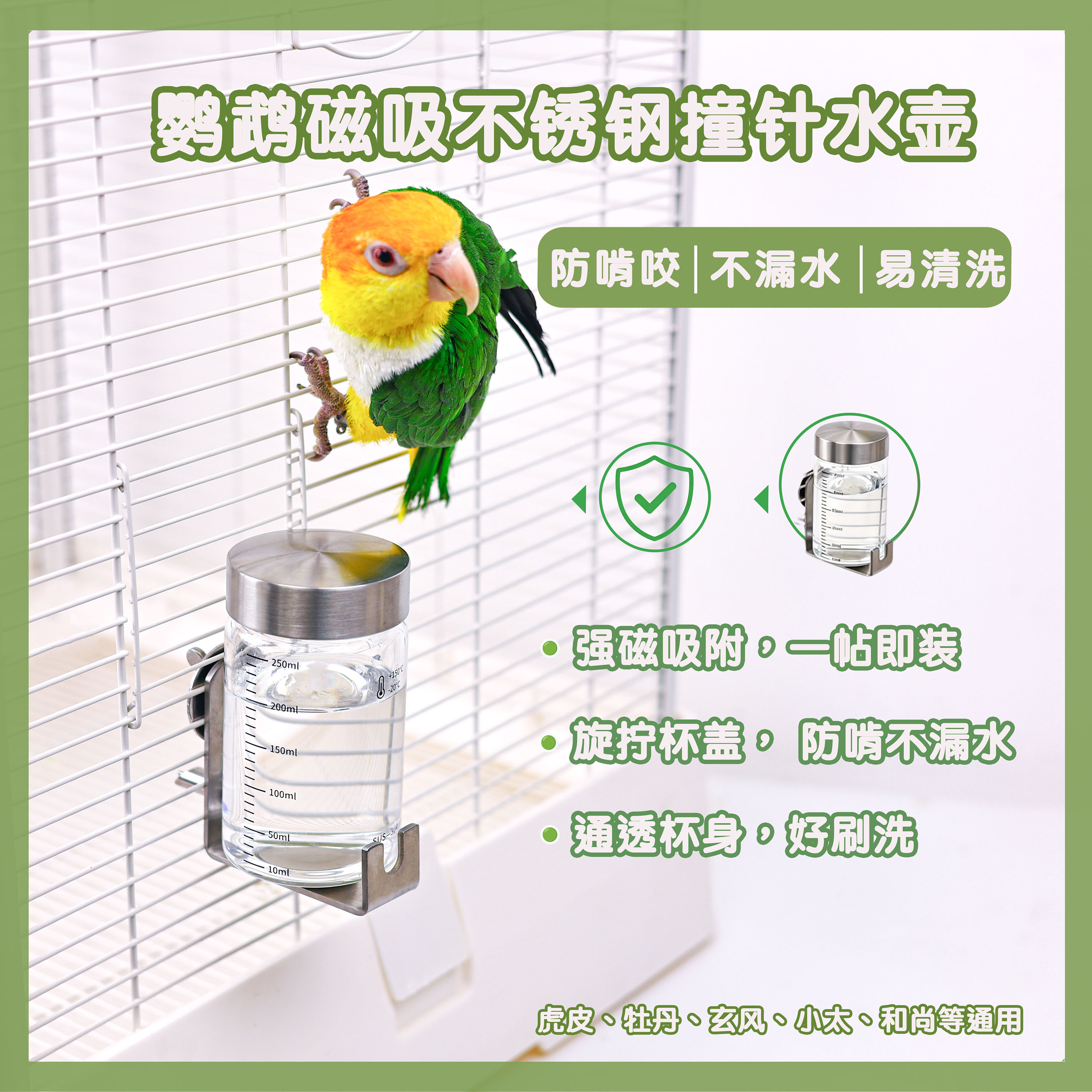 洪屿鹦鹉磁吸不锈钢撞针水壶鸟外带家用笼内外两用宠物喂水饮水器