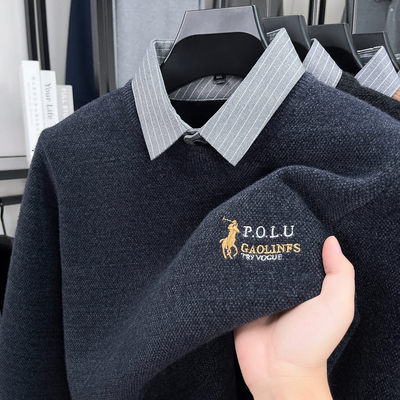 保罗加绒假俩件男士毛衣衬衫领厚