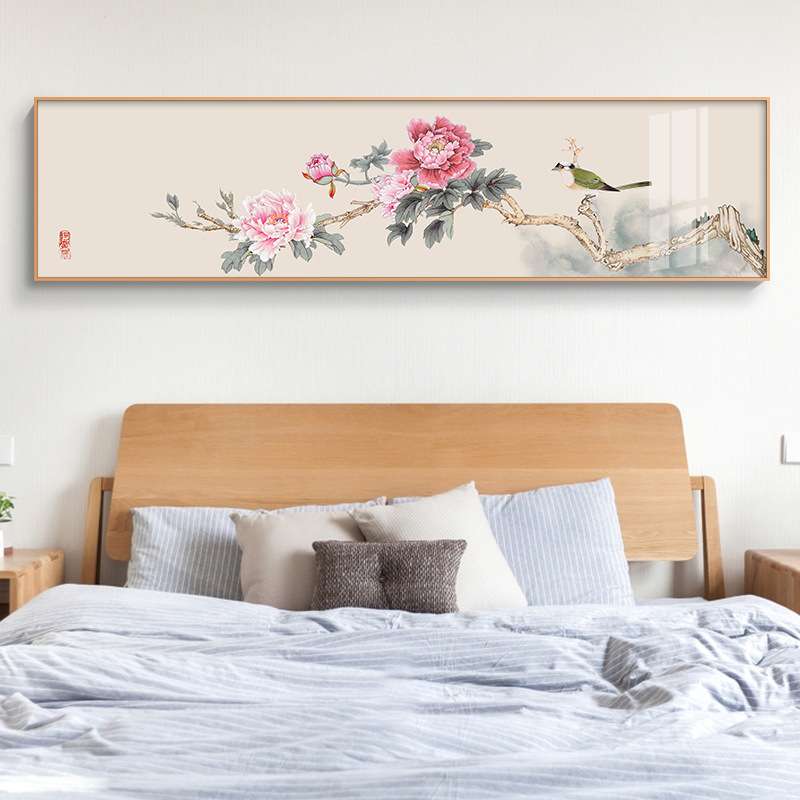 牡丹花新中式卧室装饰画酒店床头画客厅沙发背景墙壁画茶室挂画横图片