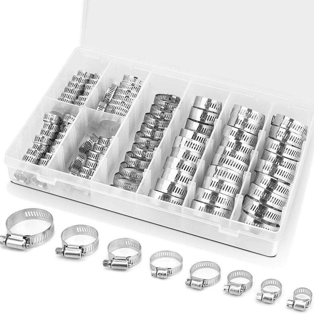 跨境100PCS盒装英制304不锈钢喉箍卡箍抱箍蠕虫齿轮软管夹