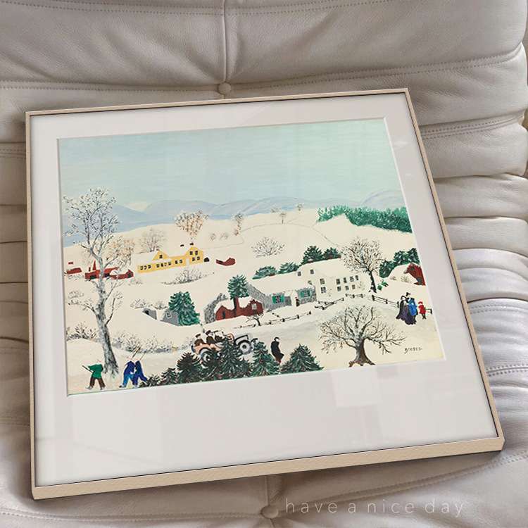 摩西奶奶装饰画餐厅挂画田园风景方形卧室床头客厅树林雪景卡纸画图片
