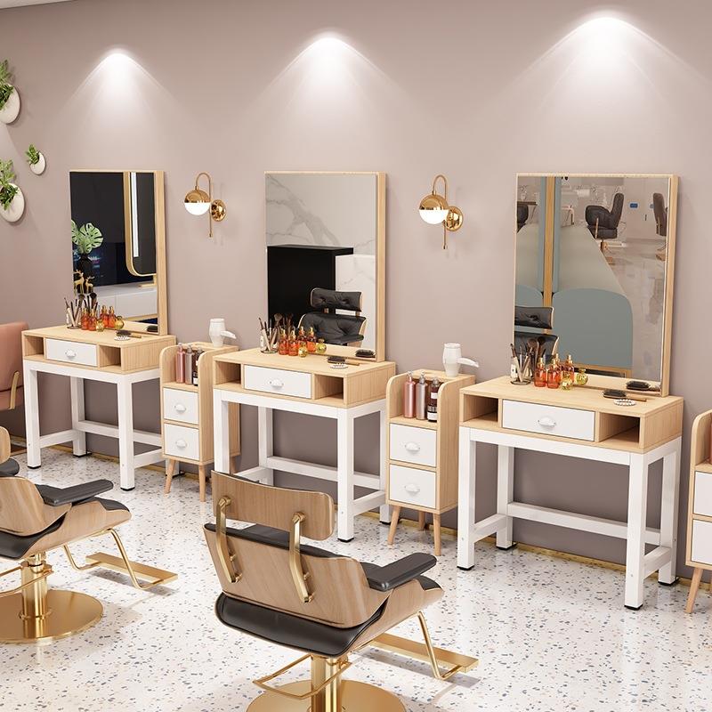 网红理发店镜台发廊实木柜子一体单面化妆烫染剪发美发店镜子
