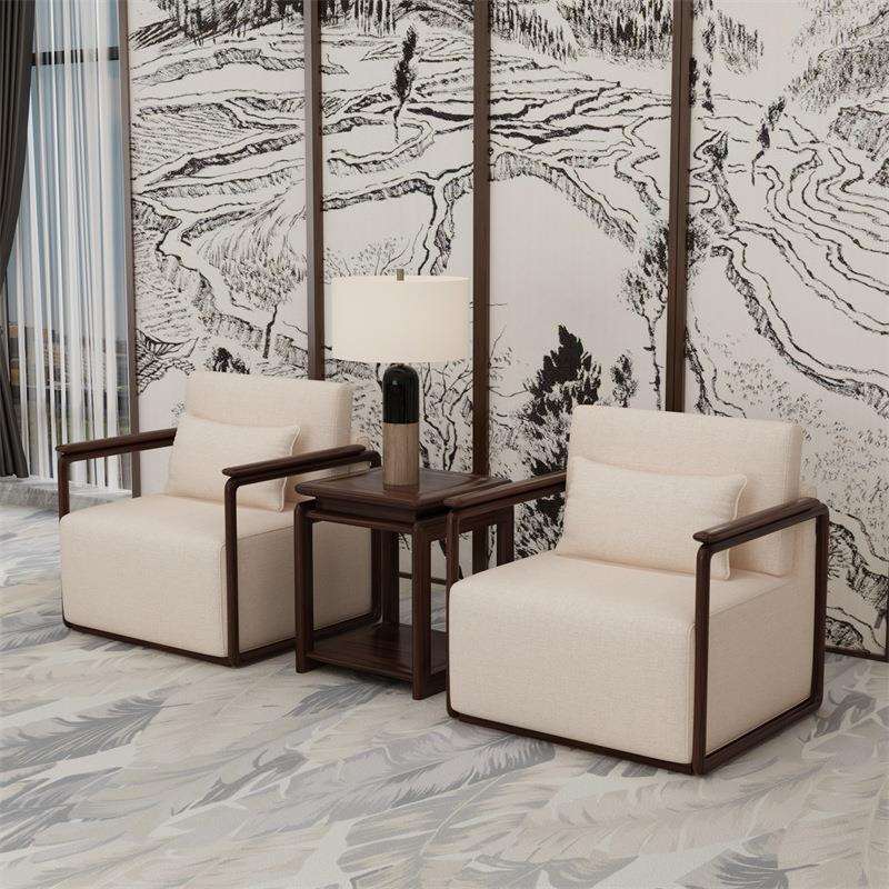 新中式会议室贵宾接待实木单人办公沙发简约商务会客