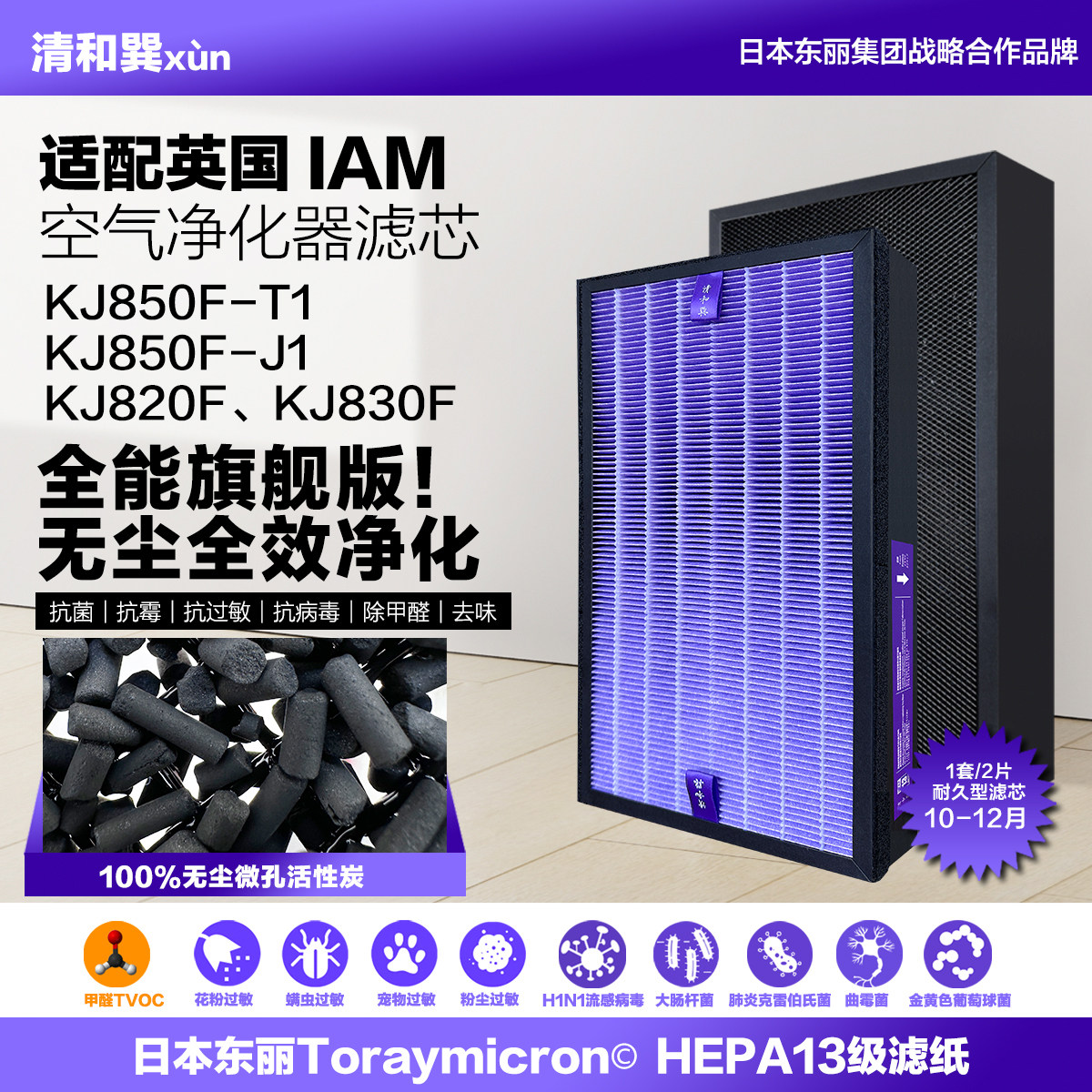 适配IAM空气净化器滤芯KJ820/830/850杀菌/抗病毒抗过敏除醛滤网
