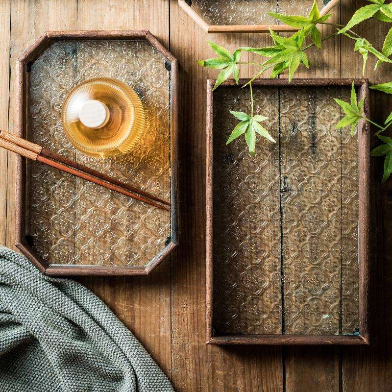 复古实木海棠花玻璃托盘木质杯子茶盘水果盘日式感长条盘