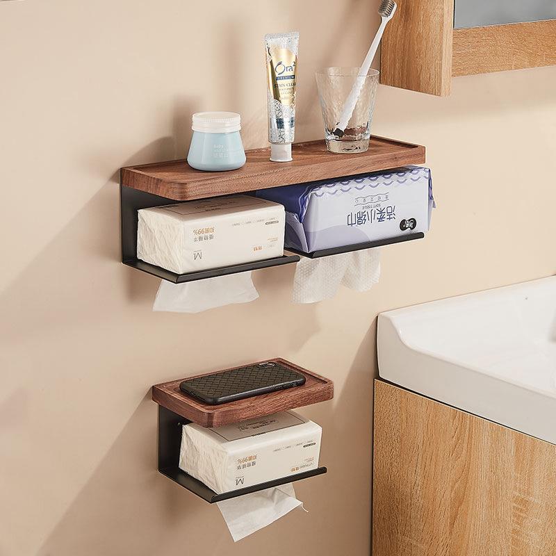 免打孔北欧实木纸巾架墙上厕所纸巾盒卫生间抽纸架洗脸巾置物架