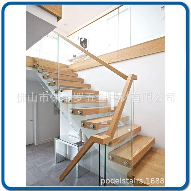 悬浮漂浮钢化玻璃护栏实木扶手钢结构成品楼梯厂家佛山