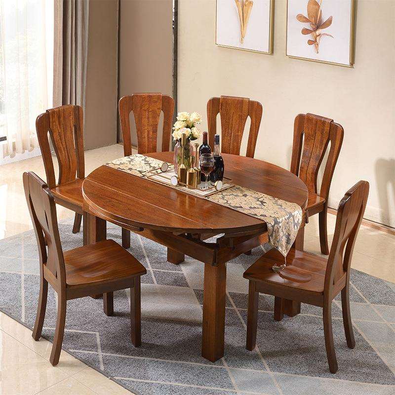 全实木餐桌椅组合伸缩折叠现代简约46人饭桌小户型中式胡桃木家具