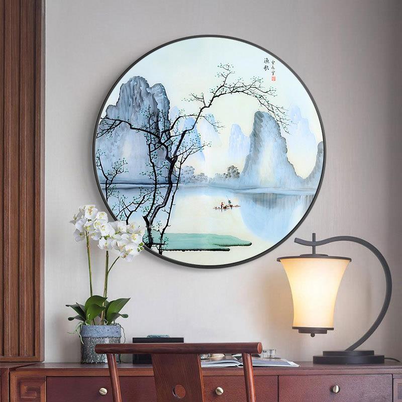 圆形实木新中式玄关装饰画入户进门挂画客厅走廊禅意茶室壁画灯画