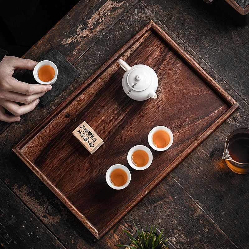 胡桃实木茶托盘中式长方形家用茶盘奉茶水杯收纳茶盘壶承茶道配件
