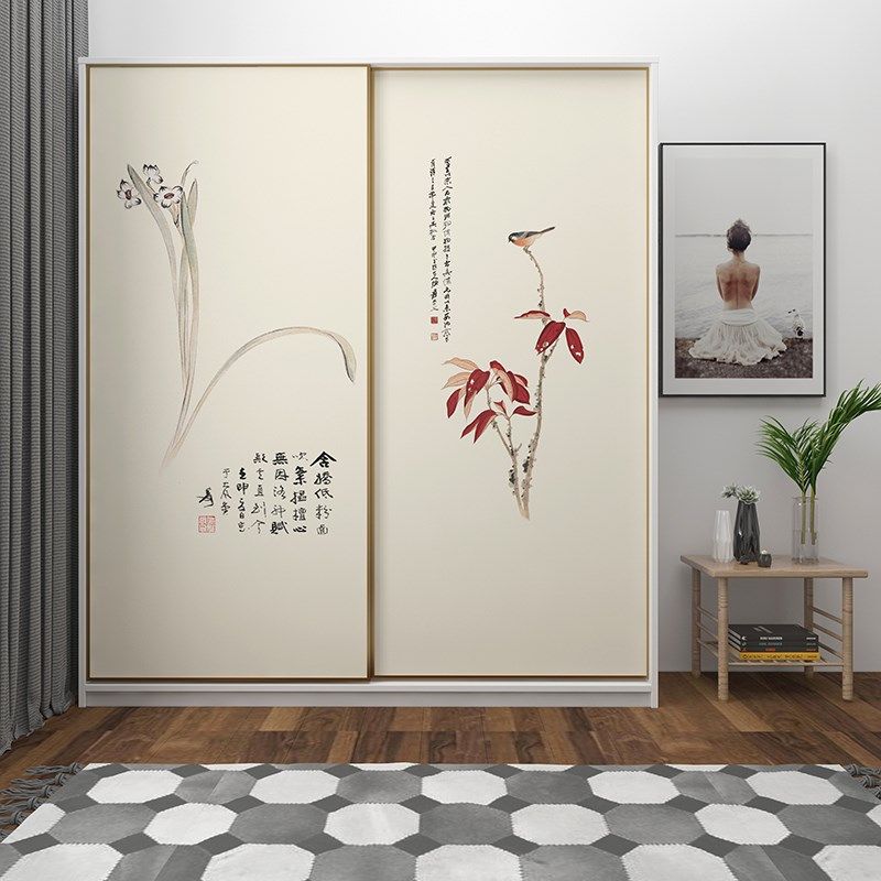 中式高端花鸟兰花图卧室衣柜自粘贴纸推拉门翻新改造防水防潮墙贴